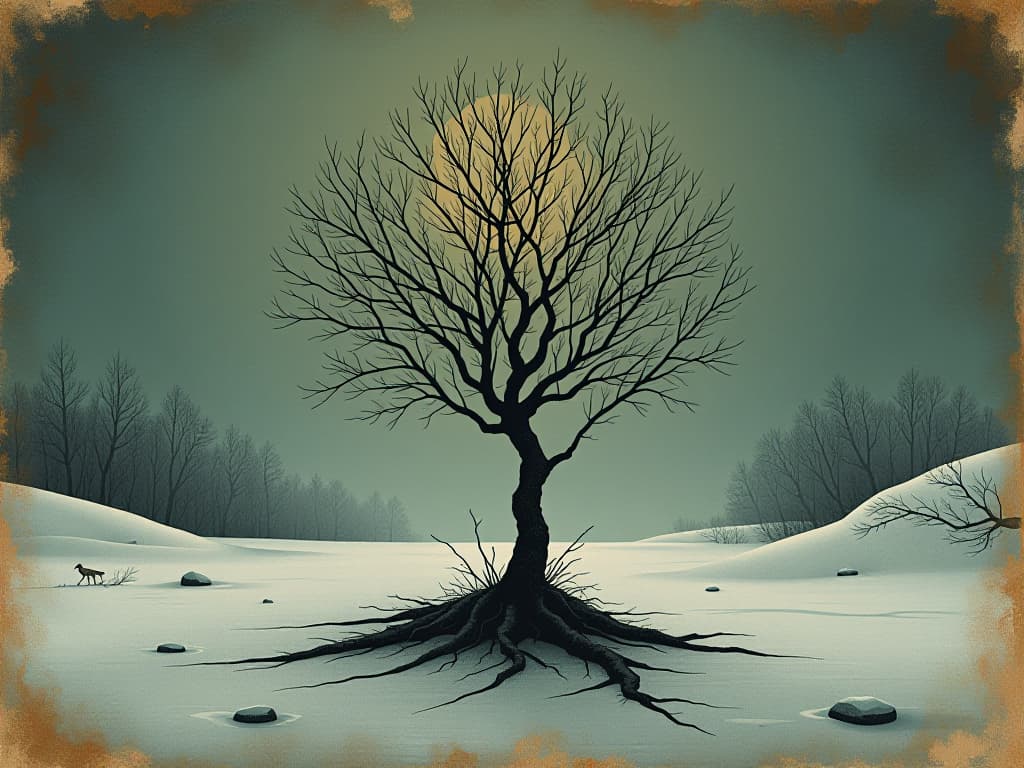  low growing arctic willow, conserving heat and moisture, surrounded by icy terrain, sparse leaves, tenacity, endurance. an illustration in the style of a worn, mystical old tarot trump card, mysterious and elements of surrealism. the colors are muted, somber and eerie, but with contrast bring out an occult and esoteric vibe.