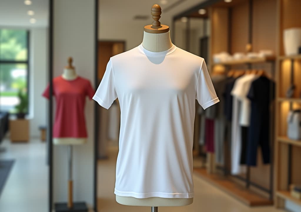  white t shirt displayed on mannequin in modern retail store