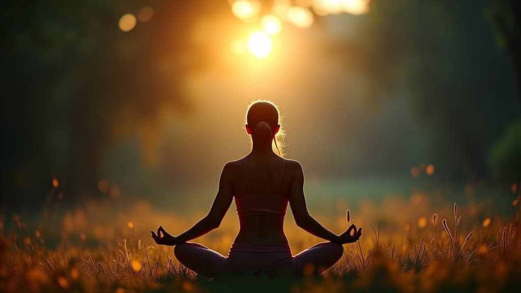  a woman practicing yoga meditation in nature, reaching mindfulness, spiritual awareness and nirvana, surrounded by mystical lights effects