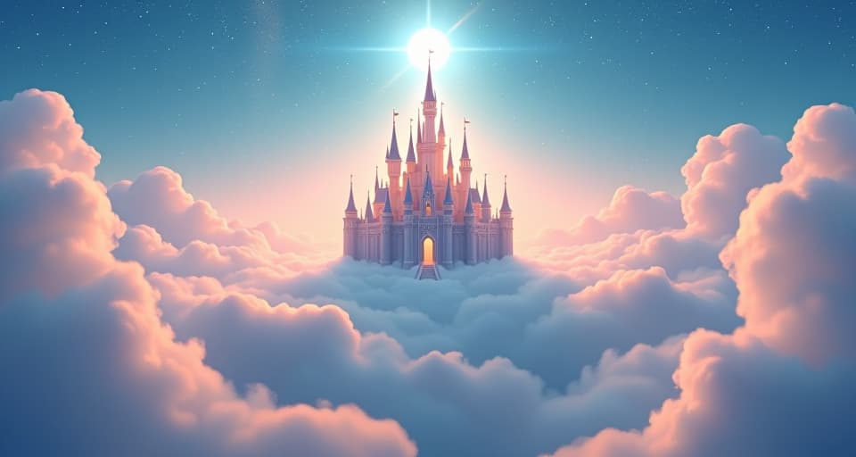  an ethereal palace floating among the clouds. divine light radiates from its spires, casting a serene glow. the sky around is an expanse of twinkling stars and pastel hues, representing a sacred space.. the style is digital art illustration,highly detailed, whimsical,magical, dreamlike atmosphere, realism and fantasy blend, smooth, glossy textures,luminous quality, wonder and enchantment.