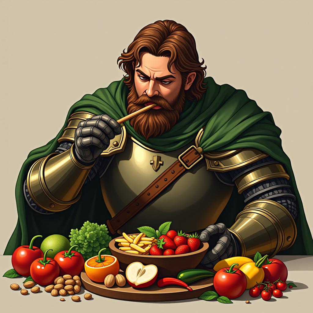  make an image of a man with brown hair in full armor wearing green eating a feast of fruits, vegetables, beans, nuts