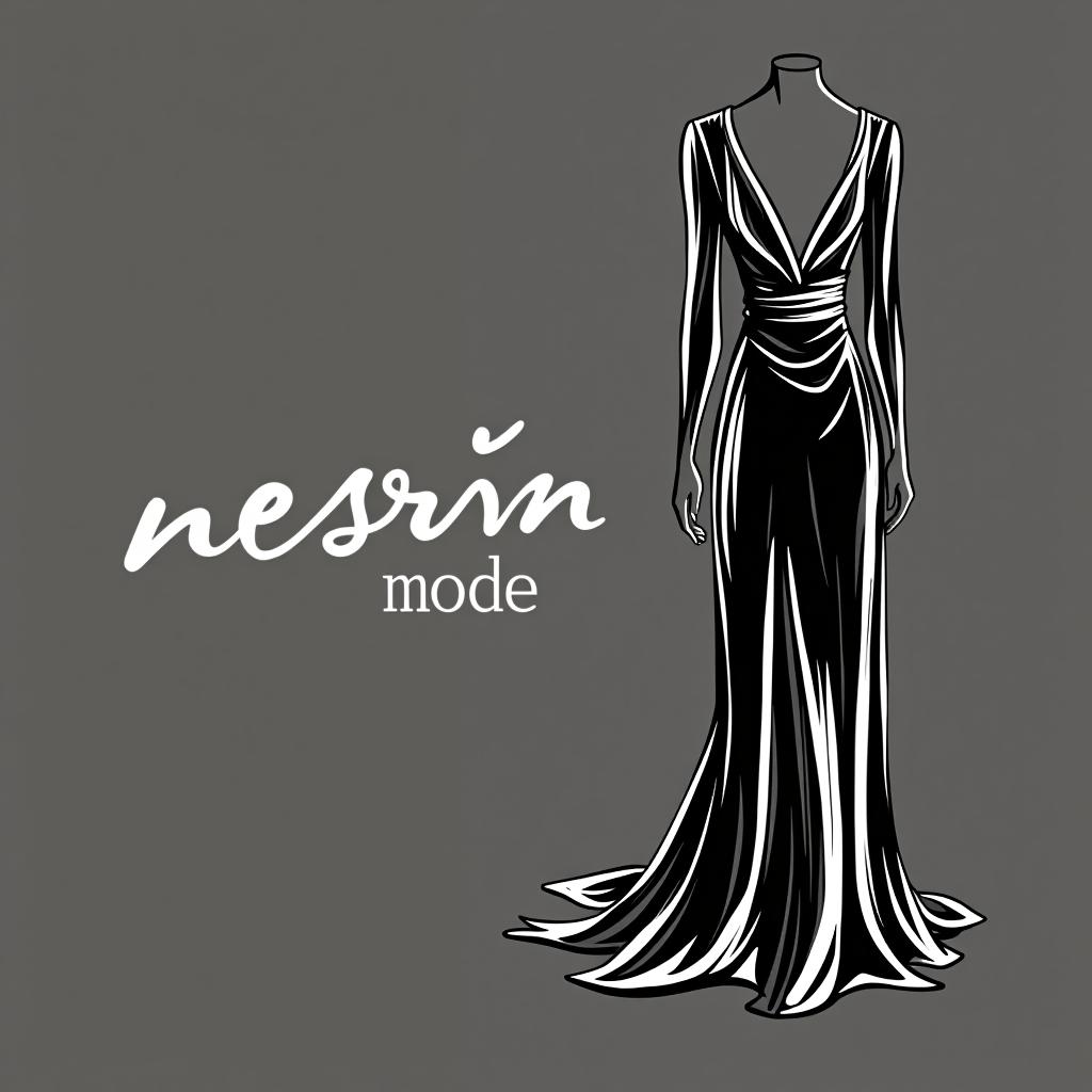  design a logo, in a abstract style. nesrin mode hintergrund schwarz schrift weiß schreibschrift neben ein gezeichnetes langes kleid , with the text 'nesrin mode '.