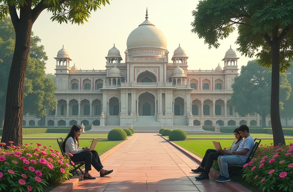  "create a serene landscape that blends elements of traditional indian architecture with modern digital motifs, featuring a majestic university building surrounded by lush greenery and blooming flowers. the scene should include students of diverse backgrounds engaging in collaborative activities, using laptops and digital devices, symbolizing the fusion of knowledge and technology. include artistic representations of legal scales and books subtly integrated into the landscape, reflecting the theme of law and education." hyperrealistic, full body, detailed clothing, highly detailed, cinematic lighting, stunningly beautiful, intricate, sharp focus, f/1. 8, 85mm, (centered image composition), (professionally color graded), ((bright soft diffused light)), volumetric fog, trending on instagram, trending on tumblr, HDR 4K, 8K