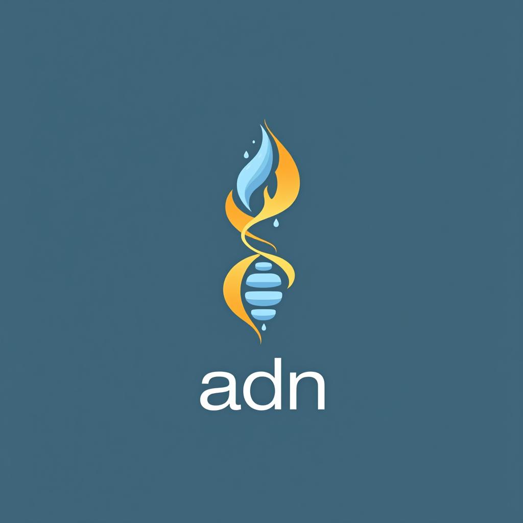  design a logo, logo represente une double helices adn. cette double helices est composée d'une flamme, d'une goutte d'eau et d'un flocon de neige, with the text 'adn '.