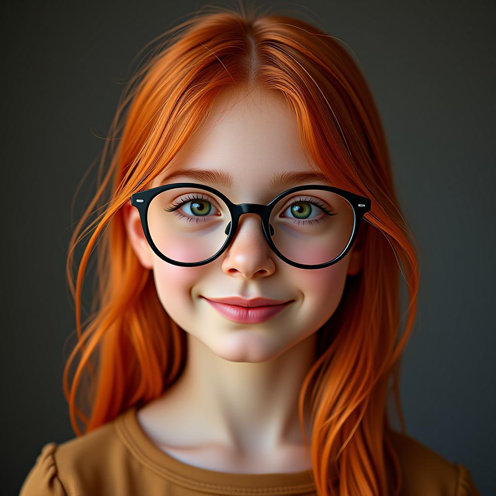  a girl with red hair wearing glasses.