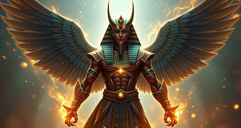  a warrior pharaoh in tight, elaborate armor, surrounded by an aura of invincibility, celestial energies swirling around, embodying untouchable power. the style is digital art illustration / modern comic book / mysterious occult, symbolic, esoteric vibe,high detail on character design, incorporating ancient egyptian symbology and attire.