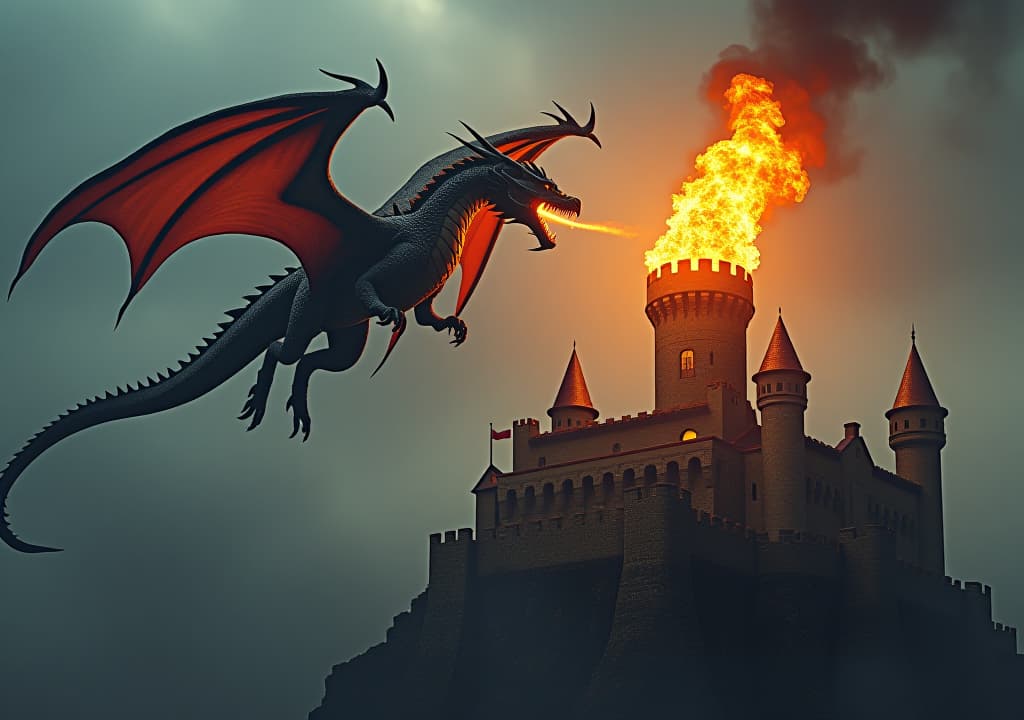  dragon flying above medieval castle breathing fire into tower