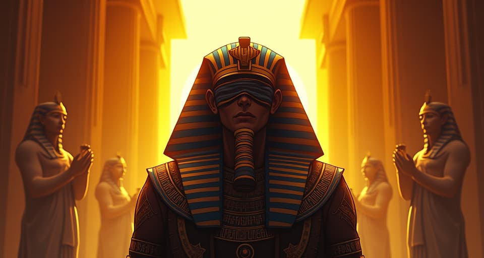  pharaoh turning away, blindfold over eyes, statues of gods with gifts in their hands, golden sunlight fading, sense of missed blessings. the style is digital art illustration / modern comic book / mysterious occult, symbolic, esoteric vibe,high detail on character design, incorporating ancient egyptian symbology and attire.