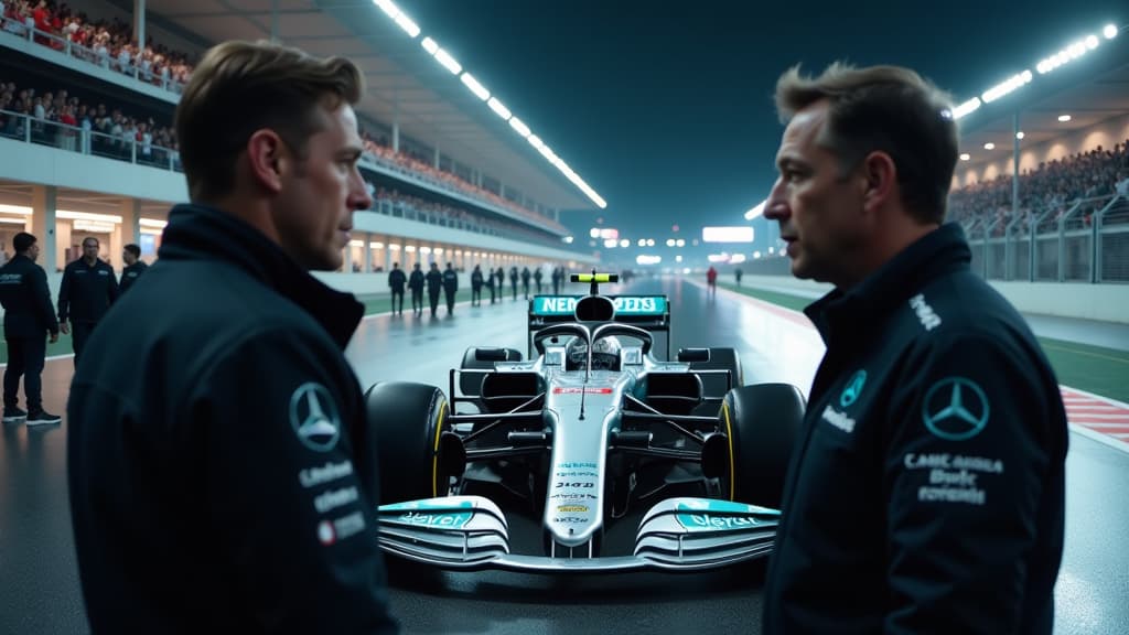  create an ultra realistic image capturing the essence of mercedes' turnaround in singapore. show george russell discussing the transformation with engineers in front of a mercedes f1 car on the singapore grand prix track. include the mercedes logo prominently on the car and the team uniforms. show detailed facial expressions of determination and excitement. highlight the simulator in the background, symbolizing technological advancements. use dramatic lighting to emphasize the emotional impact o