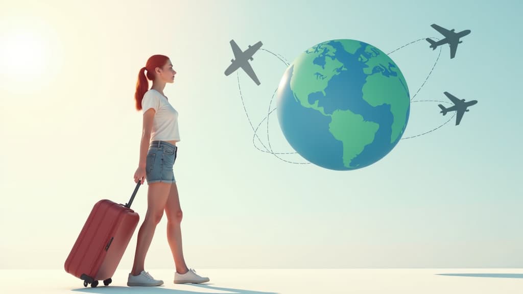  epic realistic, hyperdetailed, (cycles render:1.3), caustics, (glossy:0.58), (artstation:0.82),front view, icon of a young woman (left), with suitcase, behind her is an icon of the planet earth, an icon of airplanes, on a light background, travel idea, 2/3 of the space left empty for text, 3 д стиль ar 16:9