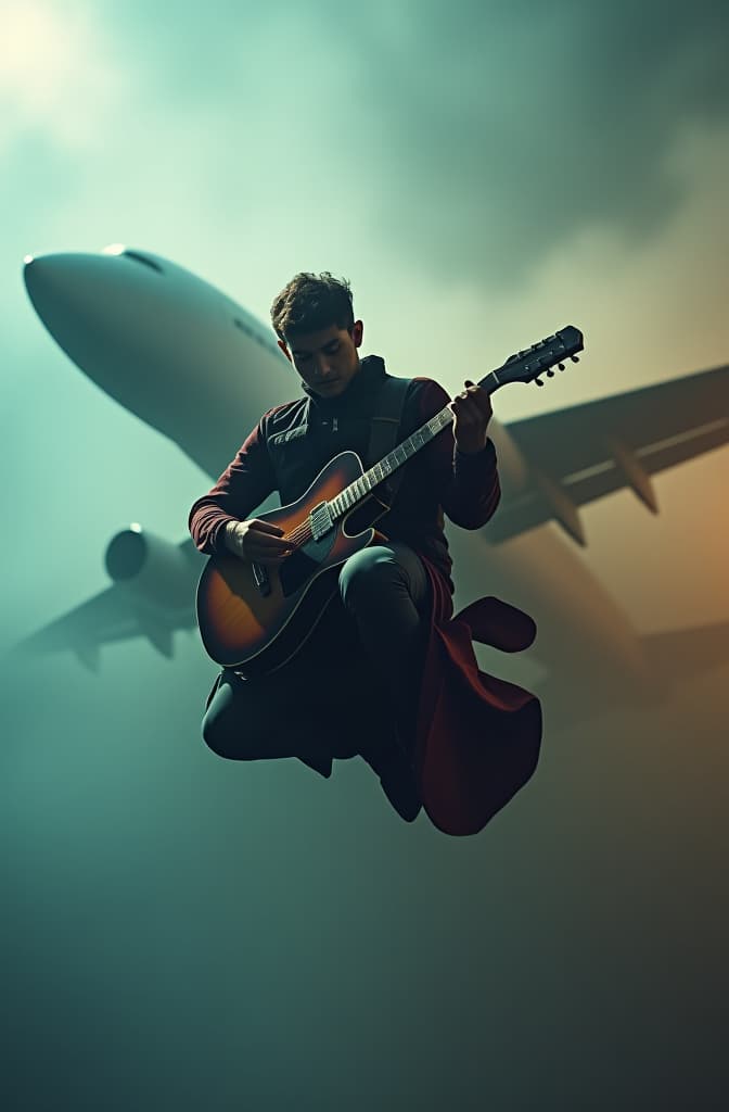  airplane playing a guitar hyperrealistic, full body, detailed clothing, highly detailed, cinematic lighting, stunningly beautiful, intricate, sharp focus, f/1. 8, 85mm, (centered image composition), (professionally color graded), ((bright soft diffused light)), volumetric fog, trending on instagram, trending on tumblr, HDR 4K, 8K