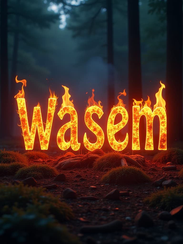  "good quality, high quality, "waseem" in glowing embers , in capital letter, formed out of burning firewood,  flames the text radiates heat and light in a dark, nighttime forest setting. the background features flickering shadows of trees, while warm, dominate the scene with a sense of rainbow color and mystery" hyperrealistic, full body, detailed clothing, highly detailed, cinematic lighting, stunningly beautiful, intricate, sharp focus, f/1. 8, 85mm, (centered image composition), (professionally color graded), ((bright soft diffused light)), volumetric fog, trending on instagram, trending on tumblr, HDR 4K, 8K