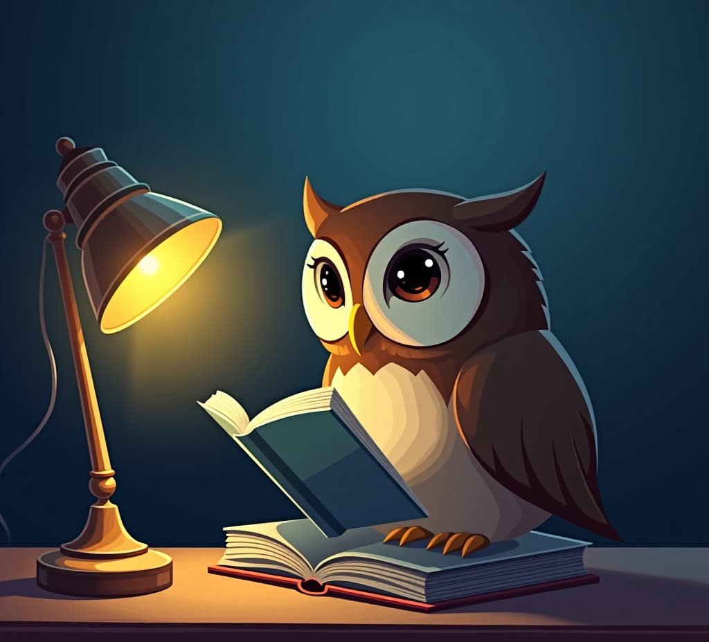  an owl reading a book under a lamp advertising an educational app for kids