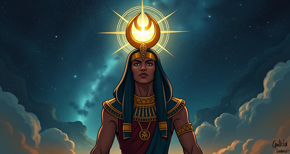  an ankh set against a backdrop of a starry sky, glowing with mystical energy, precision, divine. the style is digital art illustration / modern comic book / mysterious occult, symbolic, esoteric vibe,high detail on character design, incorporating ancient egyptian symbology and attire.