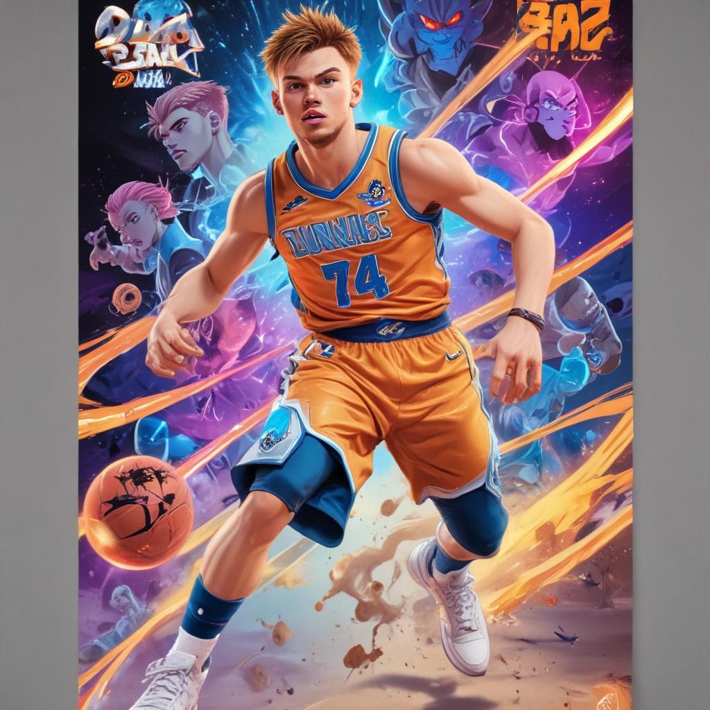 distance-shot, flashy, full-body, dynamic, holographic, animated cartoon poster of luka doncic in the style of dragon ball super