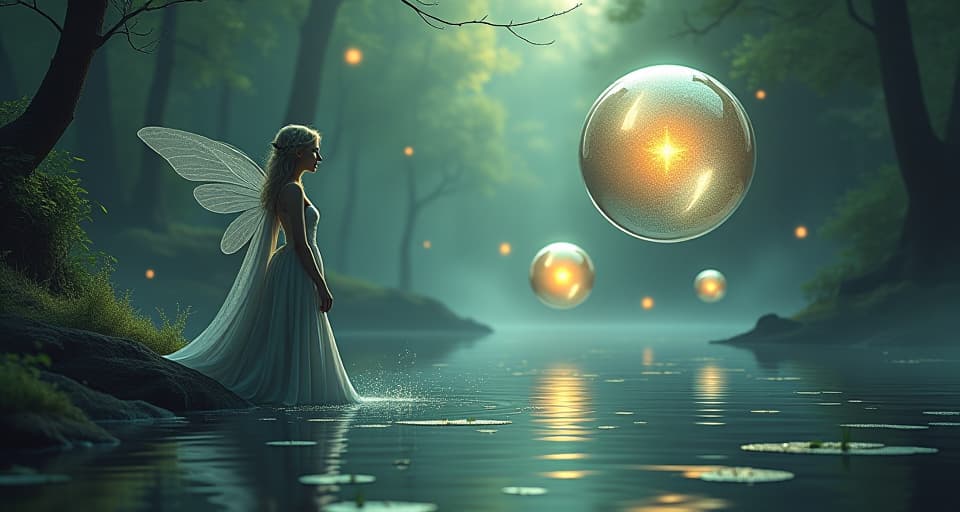  magical setting with ethereal beings questioning the value of hard work. glistening orbs of doubt, a reflective pond, serene yet questioning atmosphere.. the style is digital art illustration,highly detailed, whimsical,magical, dreamlike atmosphere, realism and fantasy blend, smooth, glossy textures,luminous quality, wonder and enchantment.