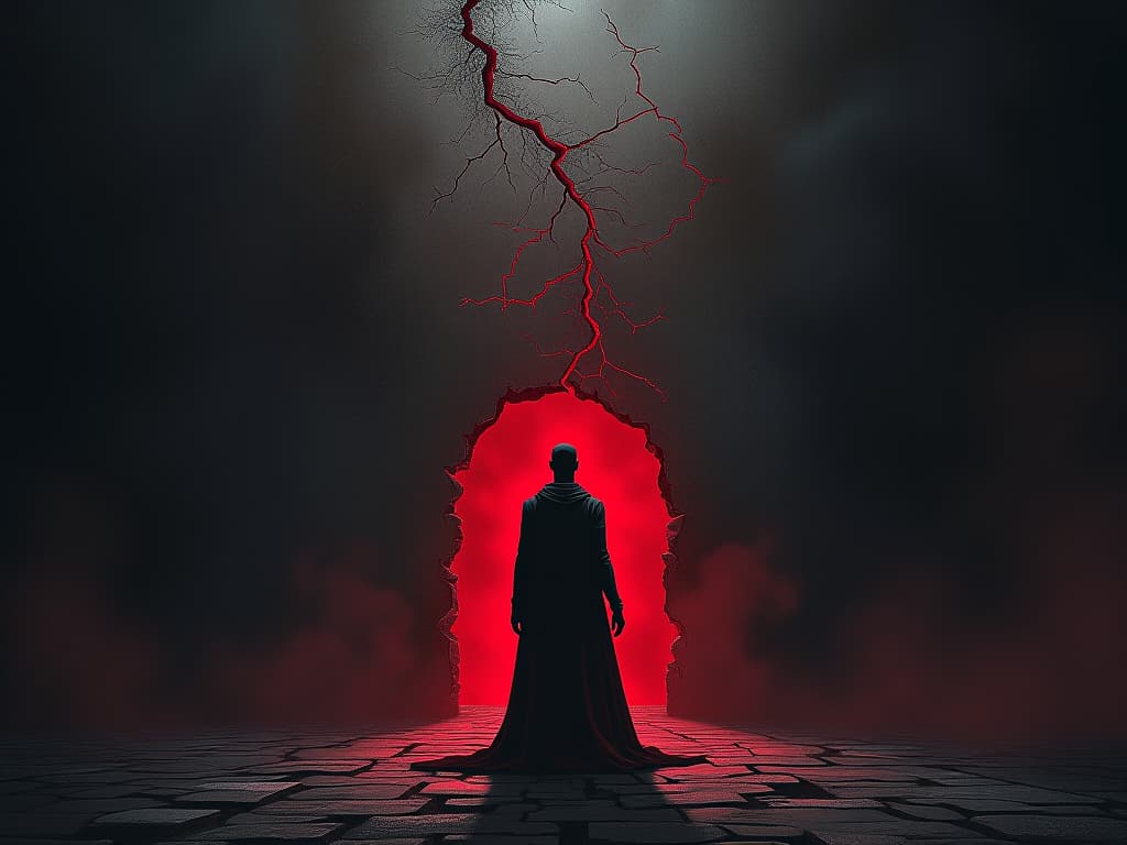  shadowy figure facing a cracked and crumbling wall, dark and oppressive atmosphere, inner turmoil, confronted destiny. the style is dark fantasy and mysterious occult, symbolic, moody lighting, esoteric vibe,high detail on character design. for the color scheme emphasize blacks and reds.