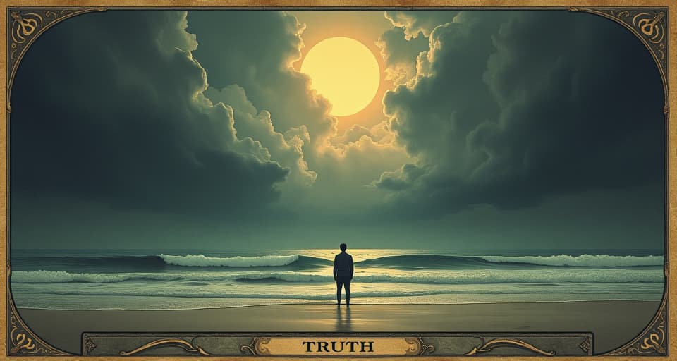  a storm clearing, sky parting to reveal sunlight, calm waves, person standing on the shore, clear light of truth, peace. an illustration in the style of a worn, mystical old tarot trump card, mysterious and elements of surrealism. the colors are muted, somber and eerie, but with contrast bring out an occult and esoteric vibe.