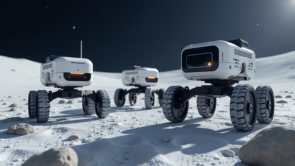  prompt: create a hyper realistic image showcasing a team of three anymal walking robots equipped with specialized instruments for diverse tasks on the lunar surface. the scene should depict the robots collaborating in a moon mission, highlighting the strategic importance of teamwork. each robot should be clearly visible, showcasing their individual functions such as terrain mapping, geological analysis, and rock identification. incorporate the eth zurich logo prominently to represent the swiss r