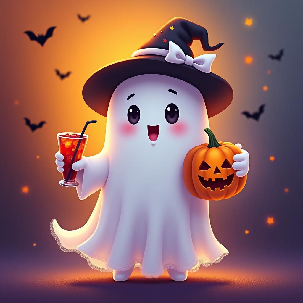  create a digital painting featuring a cute ghost character. the ghost should be wearing a hat. in one hand, the ghost should hold a pumpkin with a carved face, and in the other hand, a halloween themed drink. the background should be colorfull and include small black bats and stars to add a playful halloween touch. the overall style should be cute, whimsical, and colorful hyperrealistic, full body, detailed clothing, highly detailed, cinematic lighting, stunningly beautiful, intricate, sharp focus, f/1. 8, 85mm, (centered image composition), (professionally color graded), ((bright soft diffused light)), volumetric fog, trending on instagram, trending on tumblr, HDR 4K, 8K