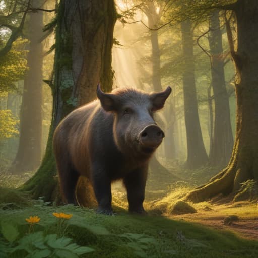 In a mystical forest clearing, a wise and ancient boar known as Old Major stands proudly under the dappled sunlight filtering through the dense canopy above. His tusks gleam with power and knowledge, as a group of smaller woodland creatures gather around him, listening intently to his words of wisdom. Moss-covered rocks and vibrant wildflowers surround the scene, adding an air of tranquility and magic to the moment. The earthy tones of the forest blend harmoniously with the warm glow of Old Major's aura, creating a sense of reverence and respect for this legendary creature. fantastical creatures or characters inspired by mythology, folklore, or popular culture. use vibrant colors, sharp lines, intricate details, dynamic poses, dramatic ligh