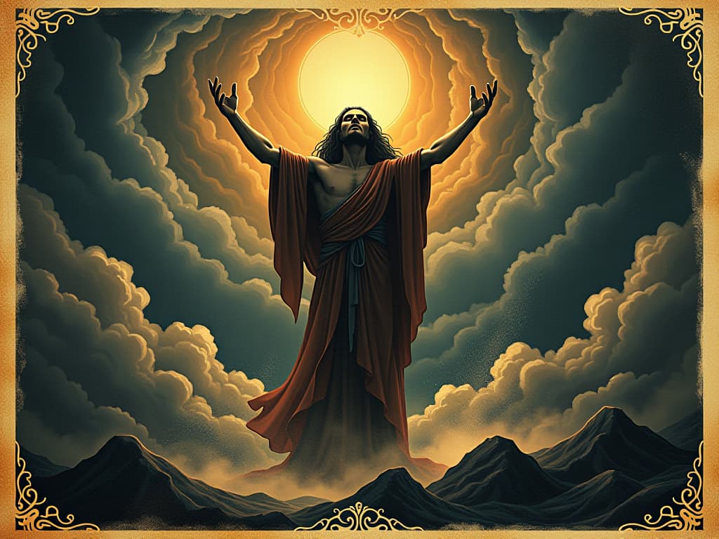  a powerful, radiant figure standing tall, surrounded by swirling energies, defiant expression, background of dark, tumultuous clouds, mood of strength and resilience. an illustration in the style of a worn, mystical old tarot trump card, mysterious and elements of surrealism. the colors are muted, somber and eerie, but with contrast bring out an occult and esoteric vibe.