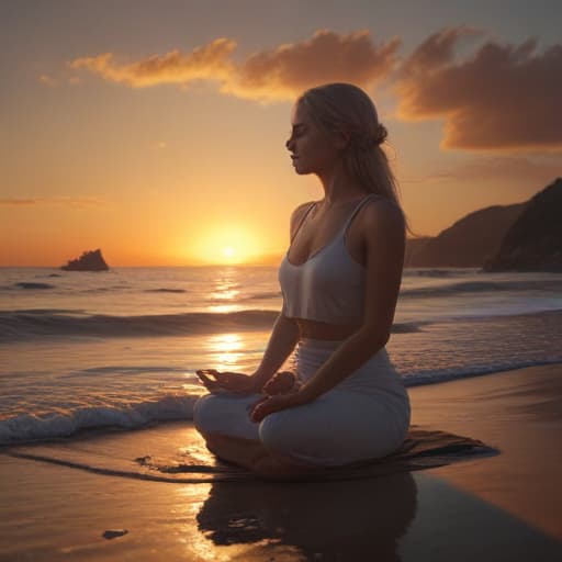 epic realistic, a beautiful, slender, fair-haired woman with loose hair sits on the ocean shore in a lotus position and meditates, beautiful sunset, sun rays shining on her face., (dark shot:1.22), neutral colors, (hdr:1.4), (muted colors:1.4), (intricate), (artstation:1.2), hyperdetailed, dramatic, intricate details, (technicolor:0.9), (rutkowski:0.8), cinematic, detailed