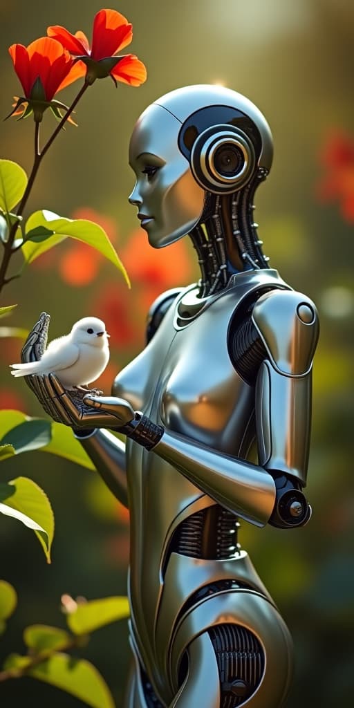  a metallic silver robot woman in the garden, holding a small white fluffy bird in her hand. there are black vines around with large shiny red flowers and green leaves. bright sunlight. glitter, shimmer, morning lighting. professional photo. professional lighting. close up, maximum detail, high definition, sharpen, hdr, 8k.