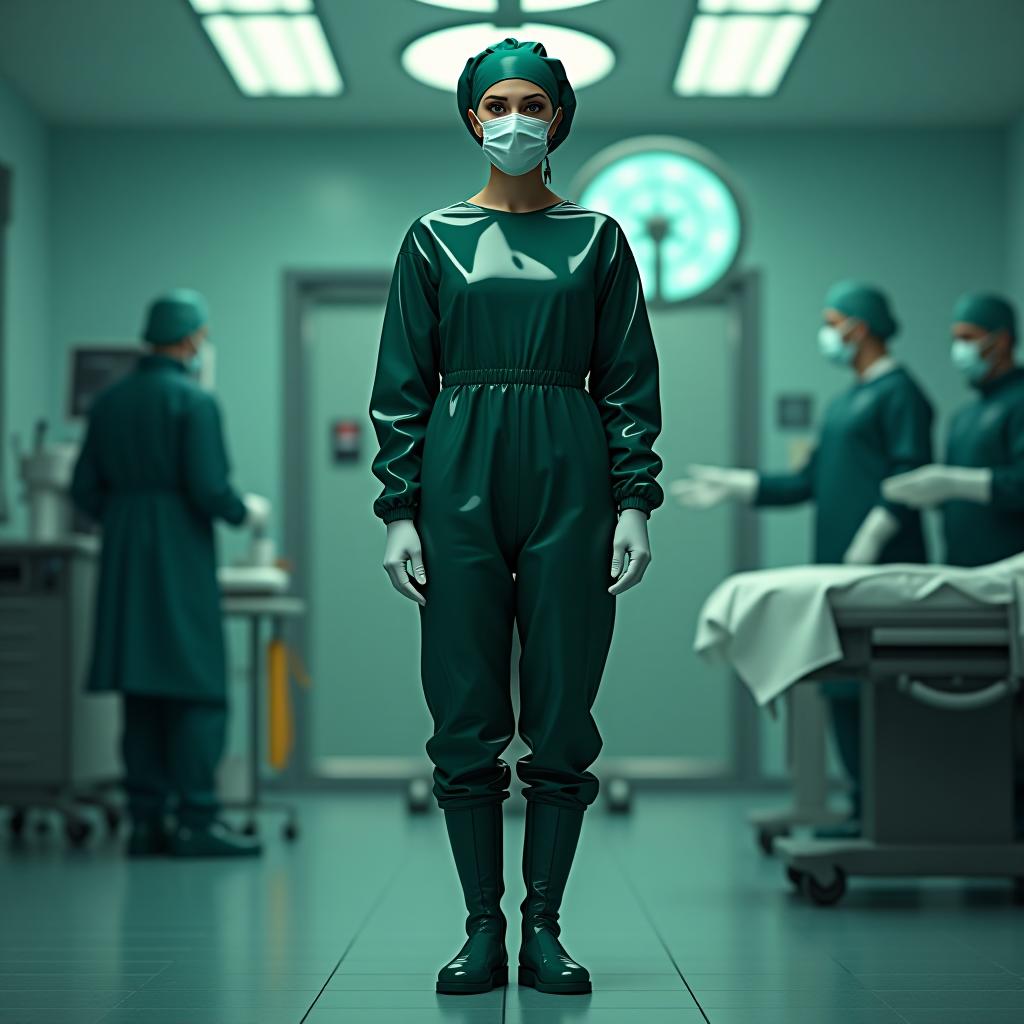  hyperdetailed, standing alone, full length, front view, full face, face of angelina jolie, mistress surgical nurse , in background of operating room, fully dressed in glossy latex, knee length surgical gown with elastic waistband, long sleeves with elastic cuffs, all made of glossy dark green latex, on head surgical beret, fully concealing hair, made of glossy dark green latex, on face surgical mask with ribbon ties, made of glossy dark green latex, from under which only emerald green eyes are visible, ankle length pants made of glossy dark green latex, knee length knee high protective shoe covers over the pants, on flat non slip soles, without heels, for work in the operating room, made of glossy dark green latex, surgical gloves covering 