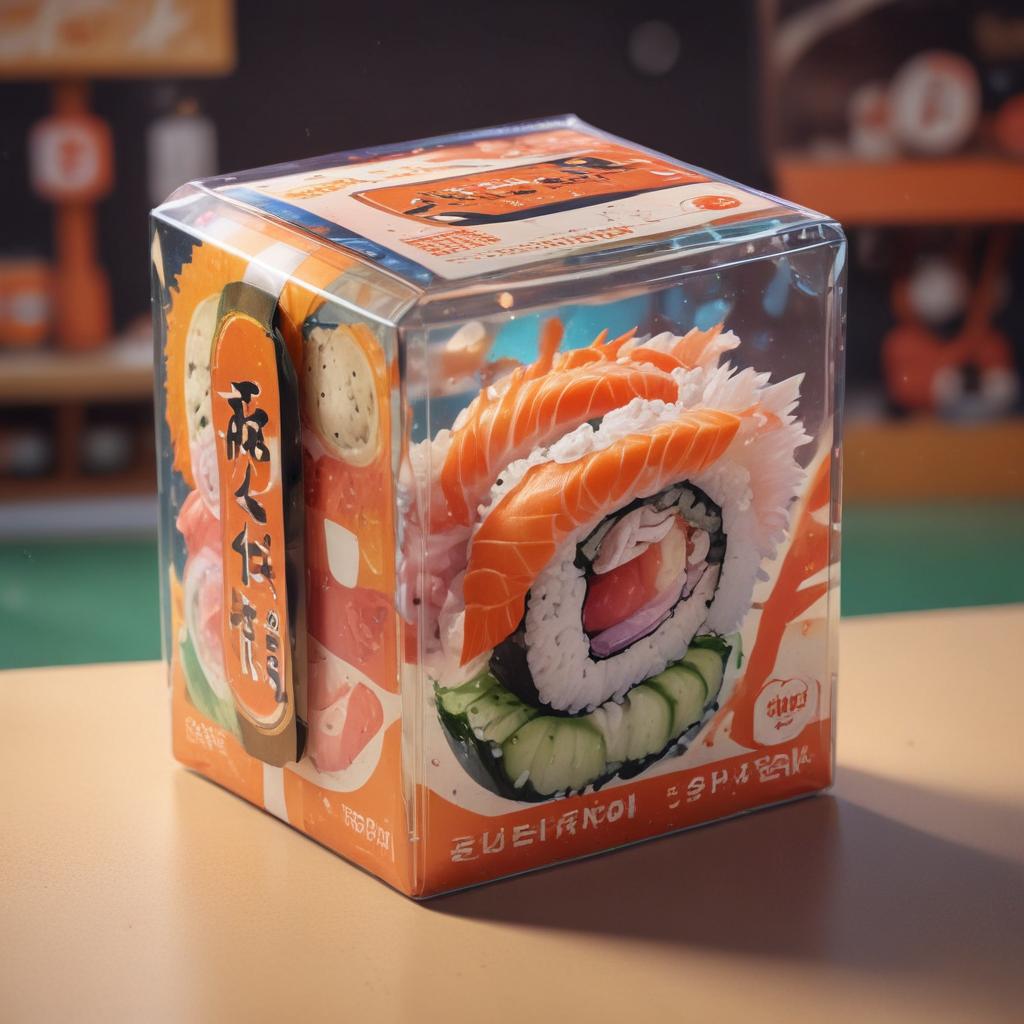 distance-shot, flashy, full-body, dynamic, holographic, animated cartoon poster of a take-out box of sushi in the style of dragon ball super