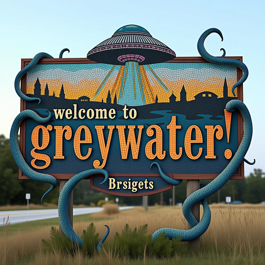  a big, slightly fading town sign that says "welcom to greywater!", with a mosaic painted above the words depicting a ufo hovering over a small town skyline, and strange tentacles curling around the edge of the sign