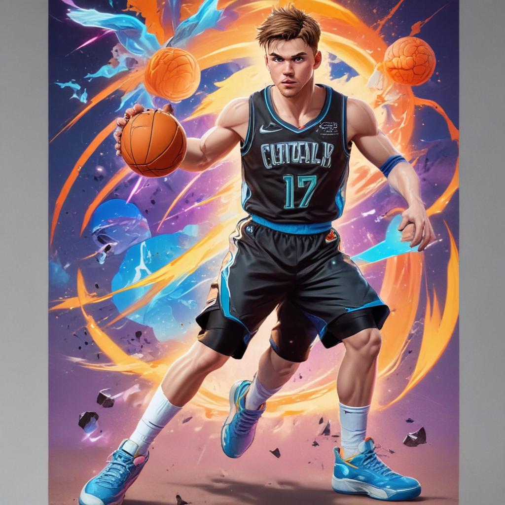 distance-shot, flashy, full-body, dynamic, holographic, animated cartoon poster of luka doncic in the style of dragon ball super