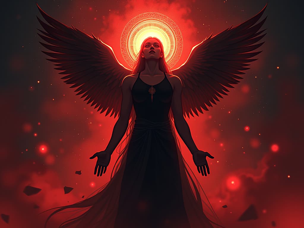  serene figure surrounded by a glowing divine aura, radiating love and respect, ambiance of self reverence and divinity. the style is digital art illustration / modern comic book / graphic dark novel fantasy and mysterious occult, symbolic, moody lighting, esoteric vibe,high detail on character design. for the color scheme emphasize blacks and reds.