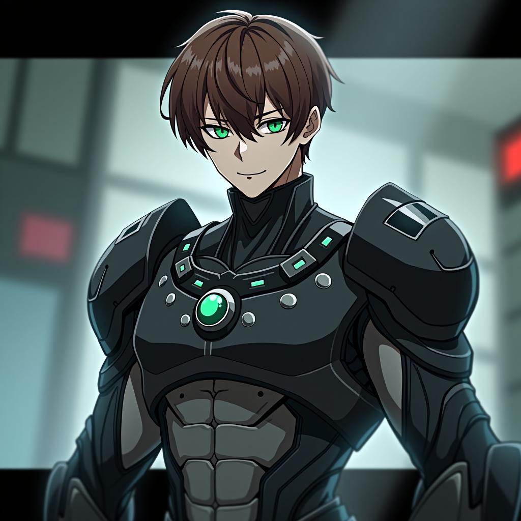  anime artwork anime man cyborg, grey robotic skin, hyperrealism, brown haired man with short hair, huge black power armor, thin man, spine visible, black power mask, green eyes, crazy look, upper body . anime style, key visual, vibrant, studio anime, highly detailed hyperrealistic, full body, detailed clothing, highly detailed, cinematic lighting, stunningly beautiful, intricate, sharp focus, f/1. 8, 85mm, (centered image composition), (professionally color graded), ((bright soft diffused light)), volumetric fog, trending on instagram, trending on tumblr, HDR 4K, 8K