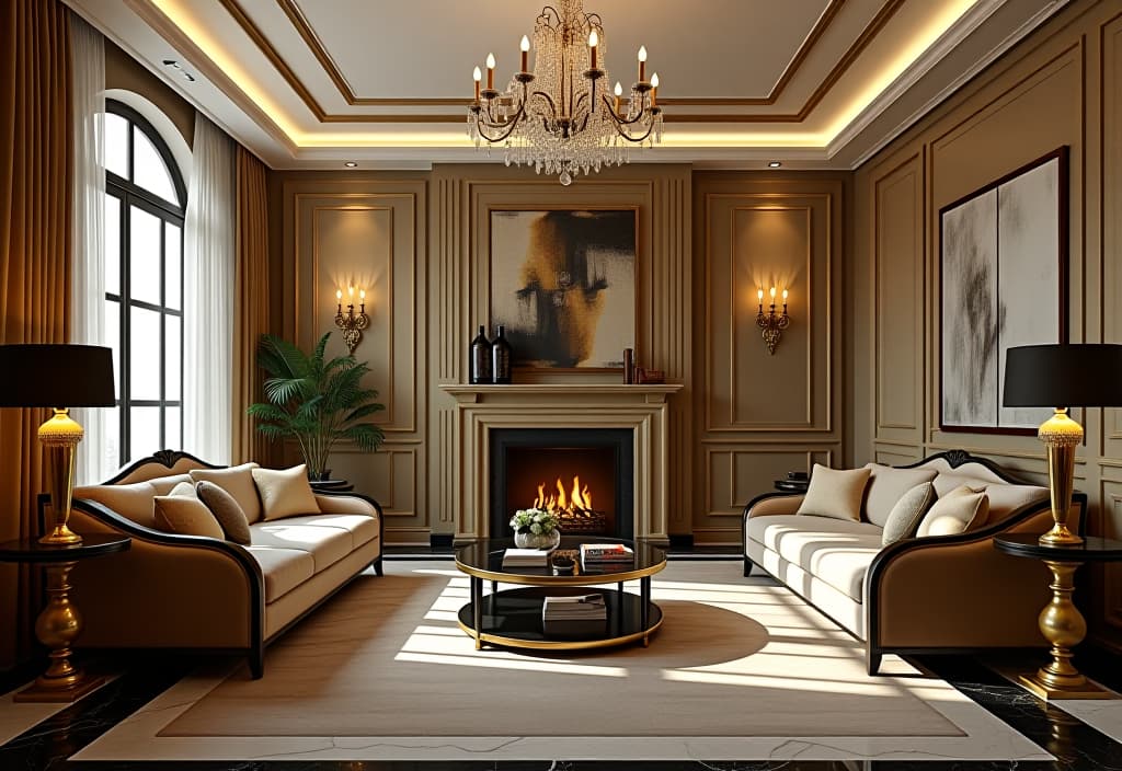  a landscape photo of a glamorous art deco inspired living room with gold accents, velvet upholstery, a crystal chandelier, and black and white marble flooring hyperrealistic, full body, detailed clothing, highly detailed, cinematic lighting, stunningly beautiful, intricate, sharp focus, f/1. 8, 85mm, (centered image composition), (professionally color graded), ((bright soft diffused light)), volumetric fog, trending on instagram, trending on tumblr, HDR 4K, 8K