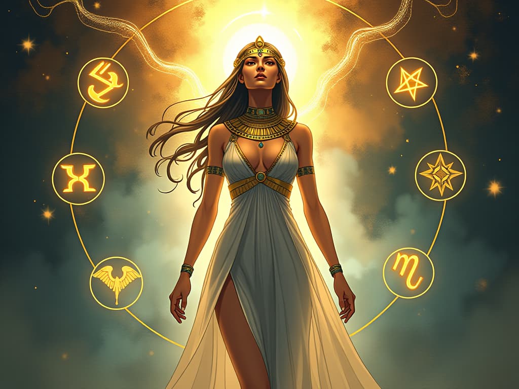  a human figure enveloped in a cocoon of light, morphing into a celestial being, surrounded by the symbols of different star signs, large busted ethereal woman in a tight dress. the style is digital art illustration / modern comic book / mysterious occult, symbolic, esoteric vibe,high detail on character design, incorporating ancient egyptian symbology and attire.