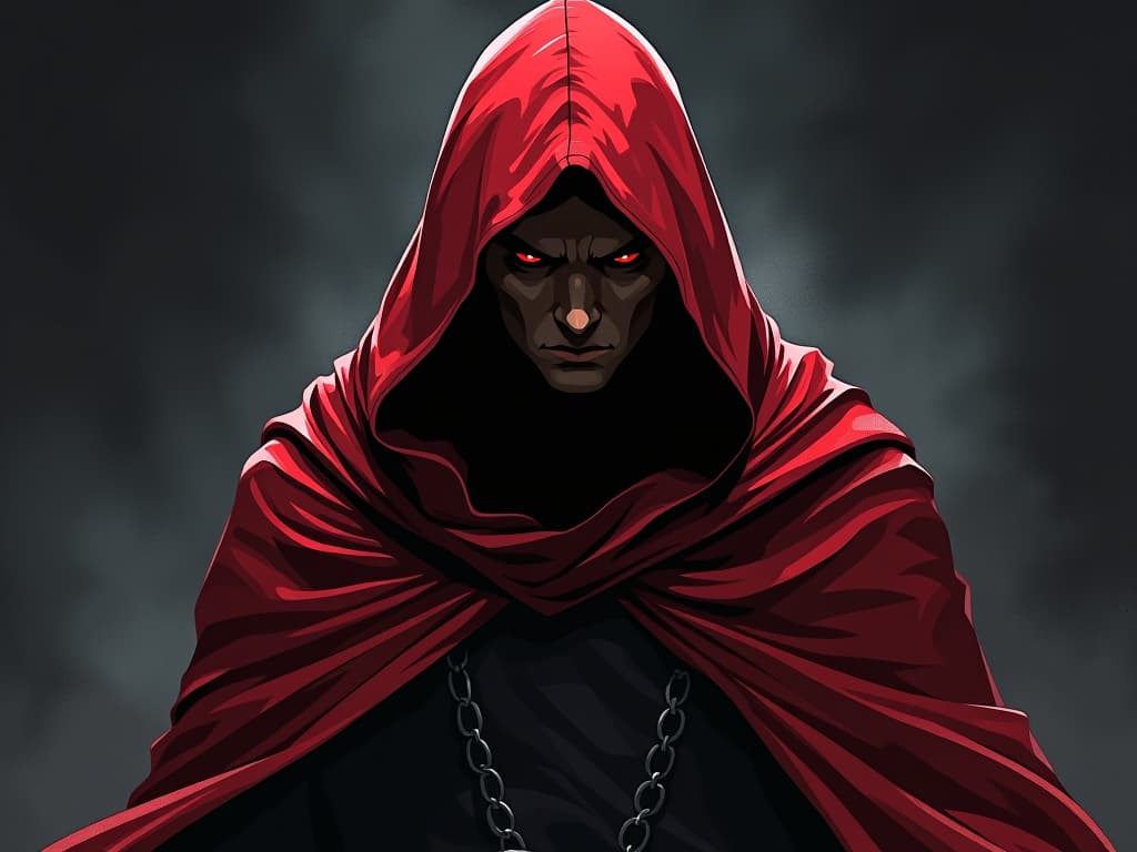  red cloaked figure with calm determination, eyes locked on an unseen opponent, aura of unwavering resolve. the style is digital art illustration / modern comic book / graphic dark novel fantasy and mysterious occult, symbolic, moody lighting, esoteric vibe,high detail on character design. for the color scheme emphasize blacks and reds.