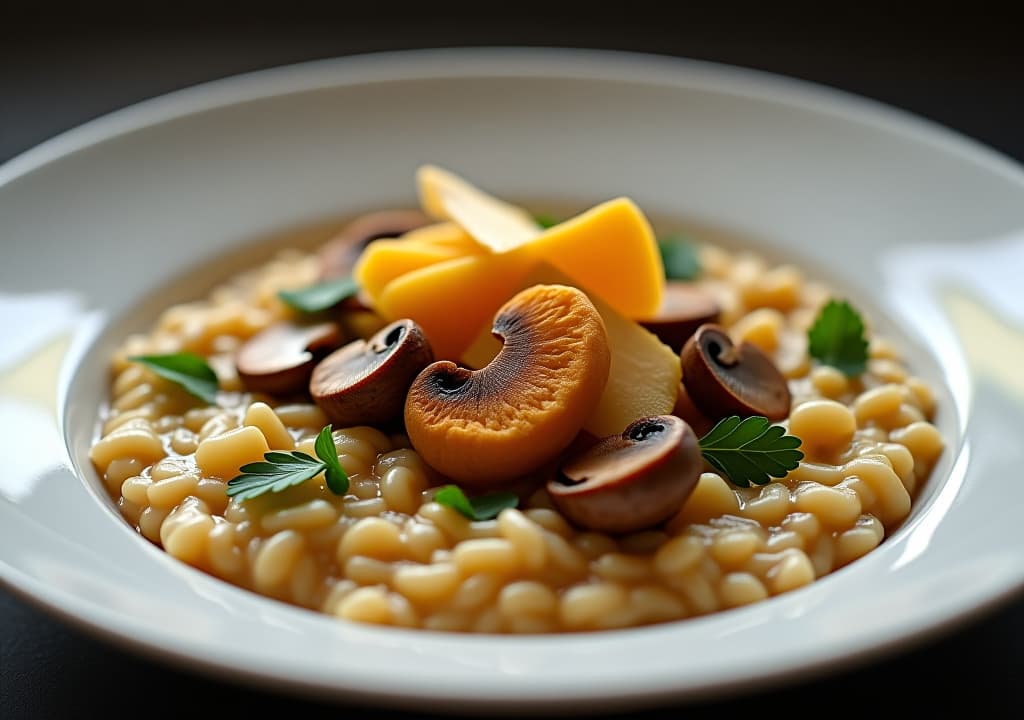  envision a luxurious bowl of creamy mushroom risotto, its surface glistening with truffle oil and dotted with a variety of wild mushrooms in rich earth tones. crispy, golden brown shiitake chips are artfully arranged on top, providing a striking contrast to the velvety risotto. fresh parsley adds vibrant green accents, while shavings of parmesan cheese melt slowly into the dish. the risotto is served in an elegant, wide rimmed white bowl, set against a dark, moody background that highlights the dish's sumptuous textures and colors., in the style of photographic hyperrealistic, full body, detailed clothing, highly detailed, cinematic lighting, stunningly beautiful, intricate, sharp focus, f/1. 8, 85mm, (centered image composition), (professionally color graded), ((bright soft diffused light)), volumetric fog, trending on instagram, trending on tumblr, HDR 4K, 8K