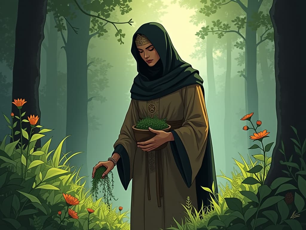  a medieval herbalist, dressed in simple robes, gathering plants in a verdant forest, invoking the image of hildegard of bingen. the style is digital art illustration / modern comic book / mysterious occult, symbolic, esoteric vibe,high detail on character design, incorporating ancient egyptian symbology and attire.