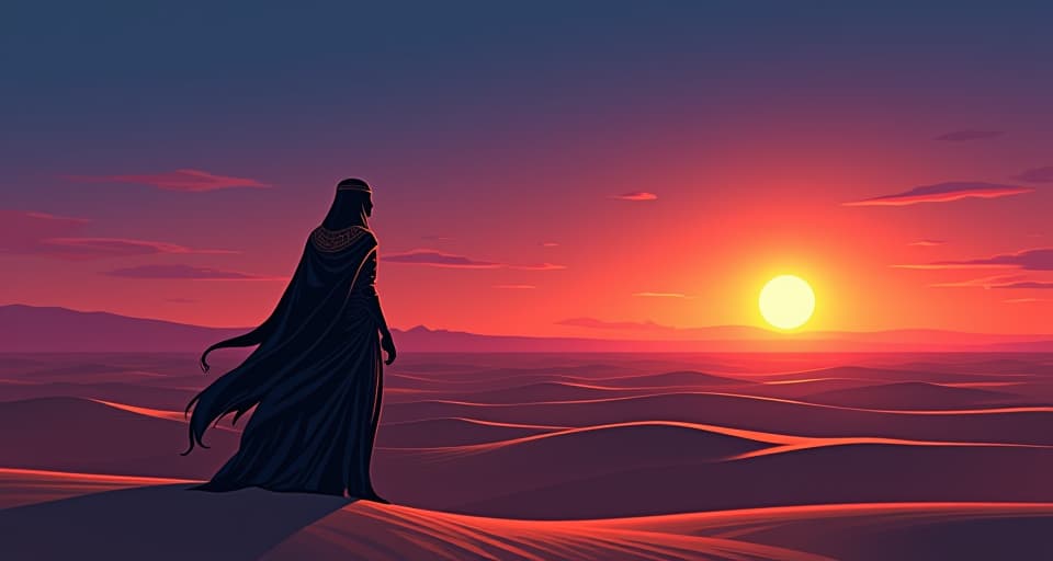  a desolate desert under a twilight sky, a solitary figure grasping at a distant light, embodiment of bitter truth, unattainable essence. the style is digital art illustration / modern comic book / mysterious occult, symbolic, esoteric vibe,high detail on character design, incorporating ancient egyptian symbology and attire.