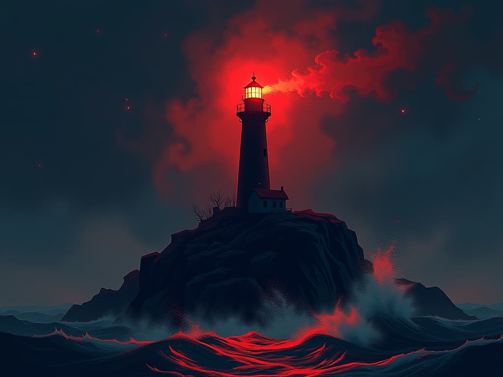  shining beacon atop a red clad lighthouse, piercing through dark night, illuminating stormy seas, sense of guidance. the style is digital art illustration / modern comic book / graphic dark novel fantasy and mysterious occult, symbolic, moody lighting, esoteric vibe,high detail on character design. for the color scheme emphasize blacks and reds.