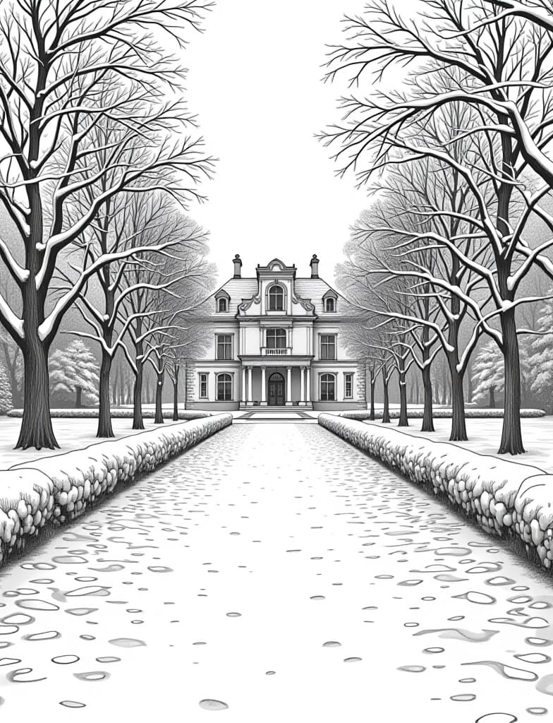  this is for an adult coloring page. a detailed black and white line art of a snowy snow covered pathway leading to a grand estate on a solid white background.