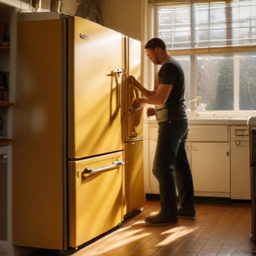 A photo of a technician repairing a vintage refrigerator in a retro-styled kitchen during late afternoon with warm, golden natural sunlight streaming in through a large window, casting soft shadows across the colorful appliances.