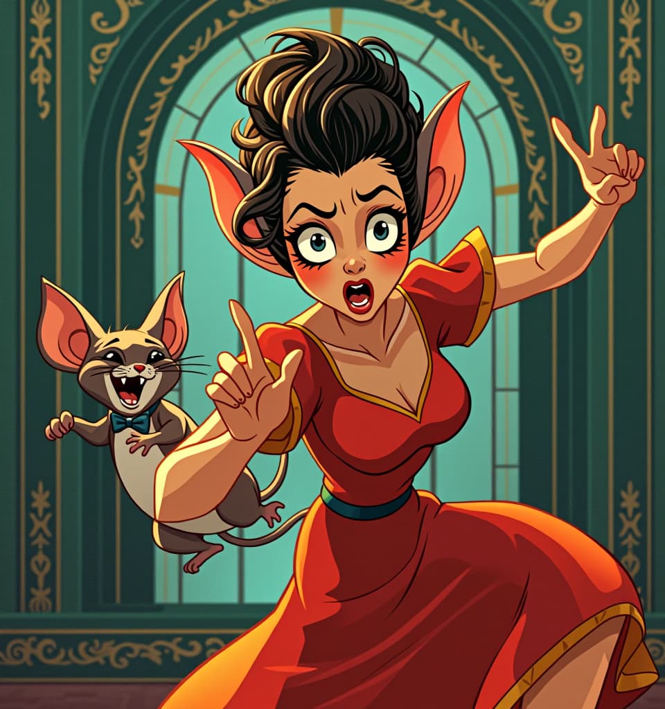  art deco style a humorous illustration depicting a very frightened woman being chased by a mouse while a cat laughs in the background. exaggerated expressions and movements, bright colors, cartoon style. . geometric shapes, bold colors, luxurious, elegant, decorative, symmetrical, ornate, detailed hyperrealistic, full body, detailed clothing, highly detailed, cinematic lighting, stunningly beautiful, intricate, sharp focus, f/1. 8, 85mm, (centered image composition), (professionally color graded), ((bright soft diffused light)), volumetric fog, trending on instagram, trending on tumblr, HDR 4K, 8K