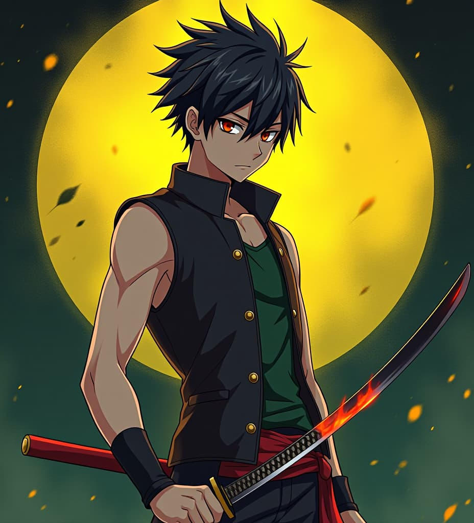  an anime human with short spikey black hair, red eyes and greyish skin wearing a sleeveless buttoned up leather vest with a green undershirt holding a katana with a blade made of magma santing in front of a yellow and green blackground