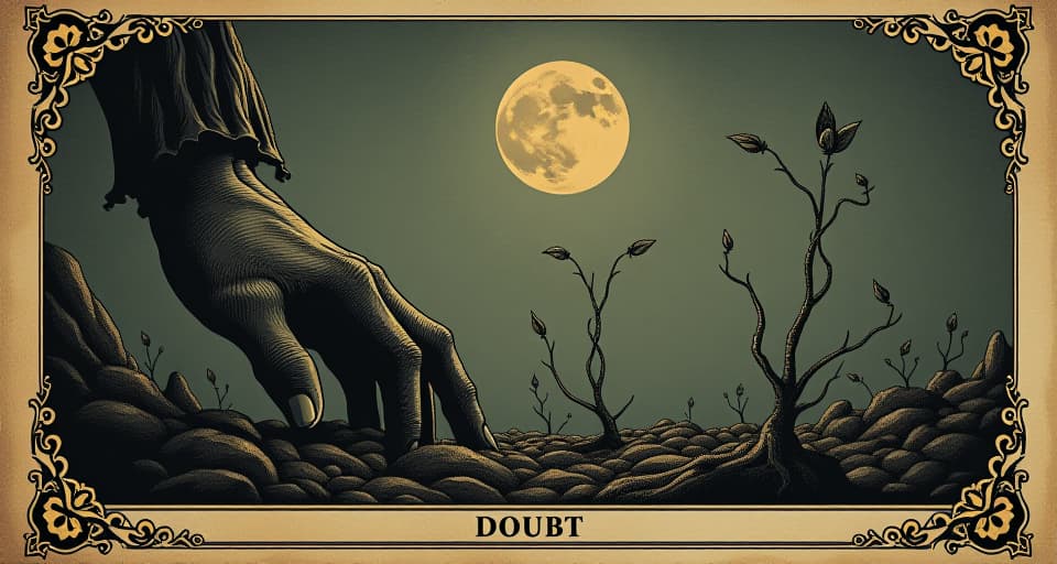  seeds of doubt being planted in fertile soil, dark tendrils sprouting, malevolent growth, intentional, deceiving beauty. an illustration in the style of a worn, mystical old tarot trump card, mysterious and elements of surrealism. the colors are muted, somber and eerie, but with contrast bring out an occult and esoteric vibe.