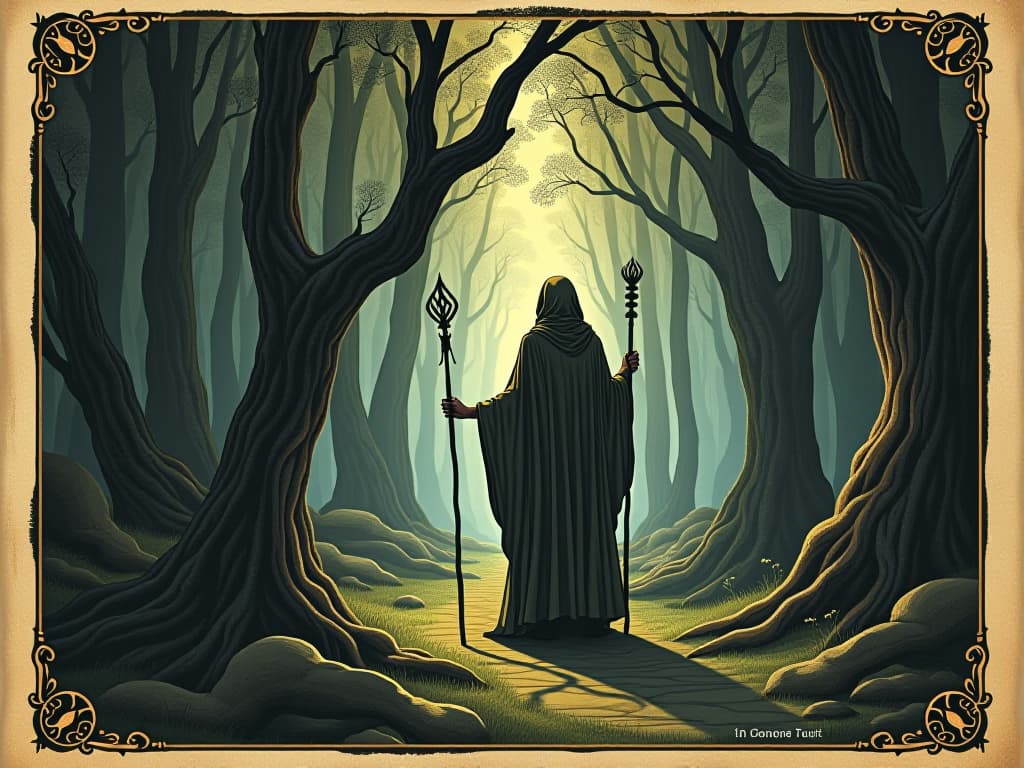  ancient seeker with dowsing rods, labyrinthine woodlands, shafts of sunlight, wisdom, foresight. an illustration in the style of a worn, mystical old tarot trump card, mysterious and elements of surrealism. the colors are muted, somber and eerie, but with contrast bring out an occult and esoteric vibe.