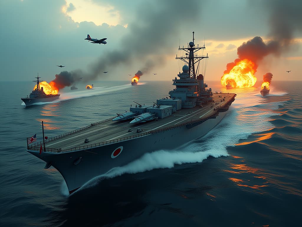  a vivid portrayal of the battle of the philippine sea in june 1944, depicting the intense naval warfare with american and japanese aircraft carriers engaged in a dramatic aerial battle, set against a backdrop of fiery explosions and ocean waves. include a glimpse of the massive fleets and strategic maneuvers as they clash, emphasizing the historical significance of this turning point in the pacific theater during world war ii. hyperrealistic, full body, detailed clothing, highly detailed, cinematic lighting, stunningly beautiful, intricate, sharp focus, f/1. 8, 85mm, (centered image composition), (professionally color graded), ((bright soft diffused light)), volumetric fog, trending on instagram, trending on tumblr, HDR 4K, 8K