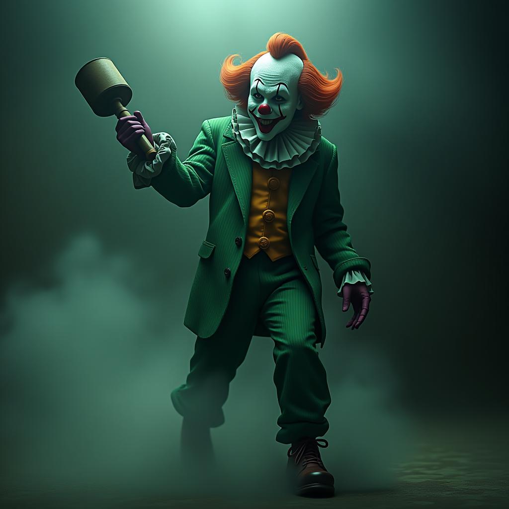  macabre style a clown in a green suit, in a shoe with a red nose, in a red wig, in a hat cylinder, with a toy double hammer in hand, a little crazy . dark, gothic, grim, haunting, highly detailed hyperrealistic, full body, detailed clothing, highly detailed, cinematic lighting, stunningly beautiful, intricate, sharp focus, f/1. 8, 85mm, (centered image composition), (professionally color graded), ((bright soft diffused light)), volumetric fog, trending on instagram, trending on tumblr, HDR 4K, 8K