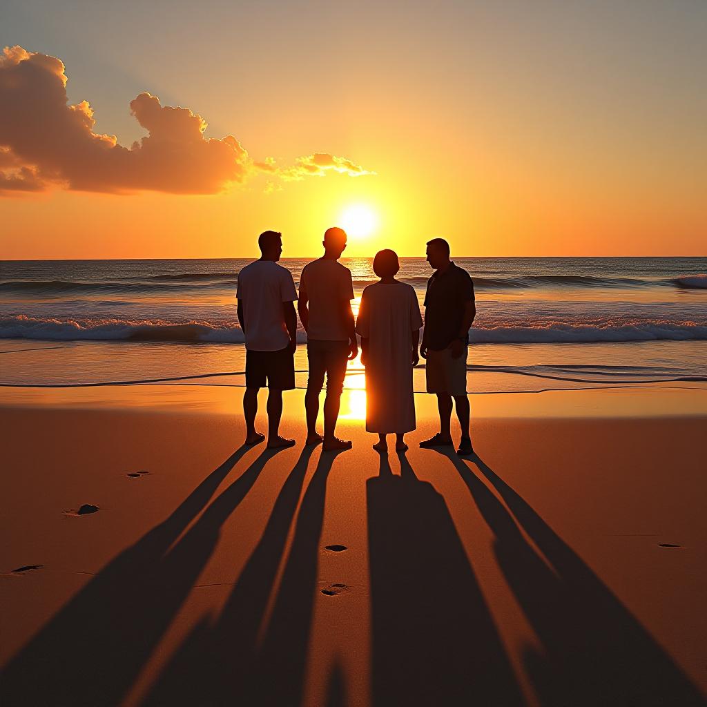  the sea, sand, sunset. on the sand, there are shadows of four people: a , a young man, a old , and a old , standing together with their backs turned.